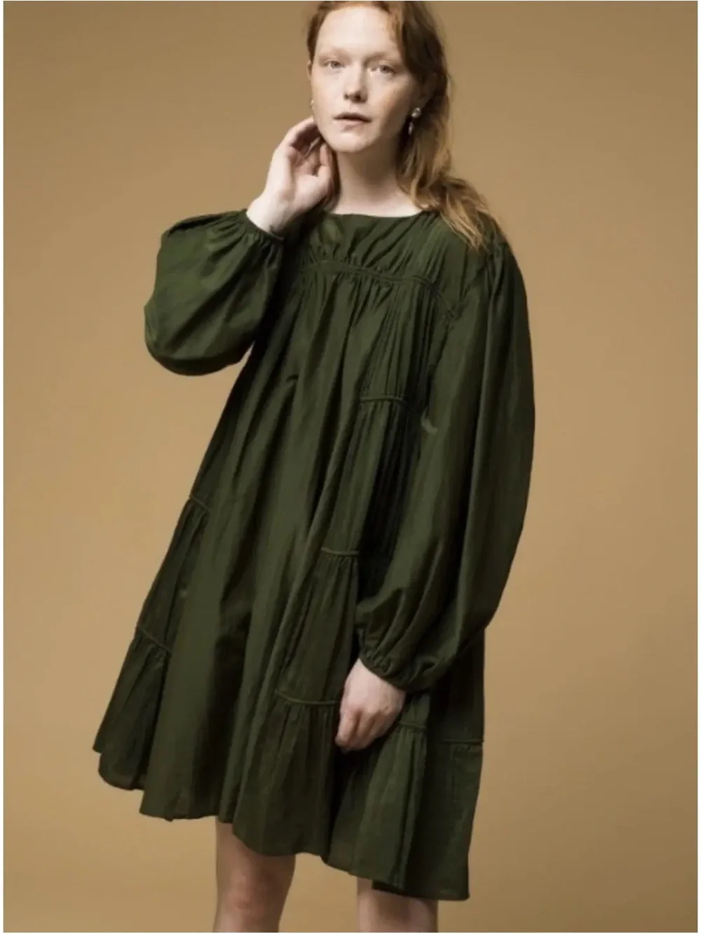 Merlette Olive Green Long-Sleeve Tiered Swing Dress - Picture 1 of 6